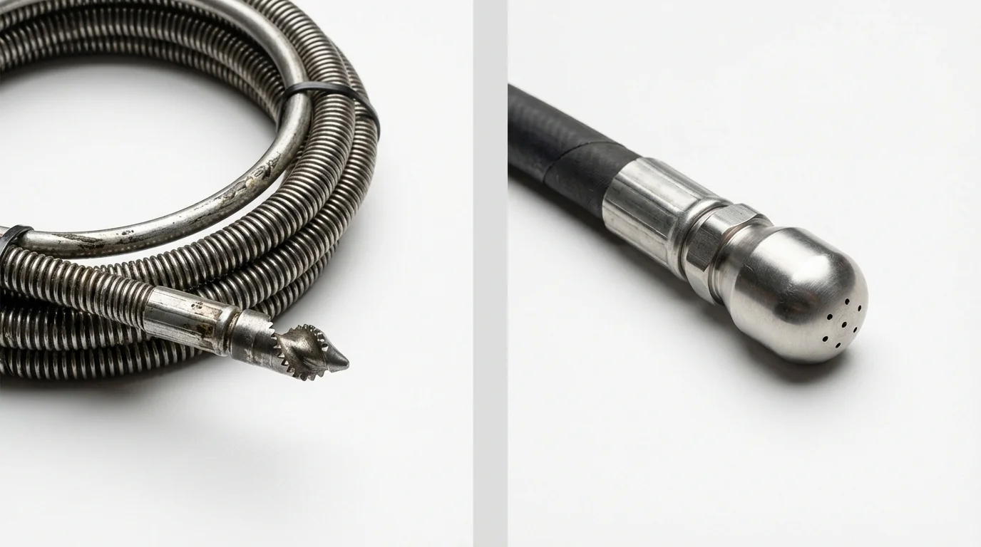 Drain snake cable and hydro jetting nozzle used for drain cleaning in Greenville, MS
