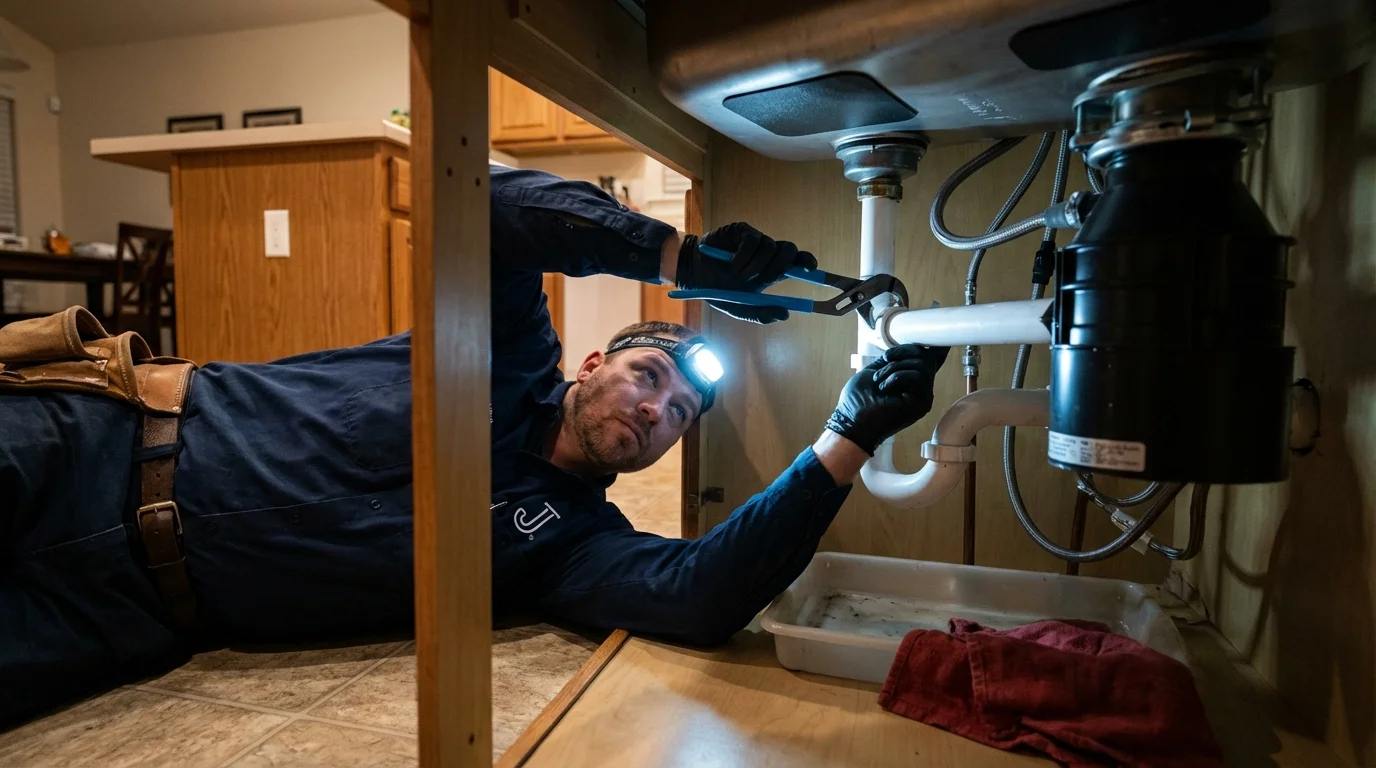 P-trap and supply line connections under a kitchen sink showing a common leak point in Greenville, MS